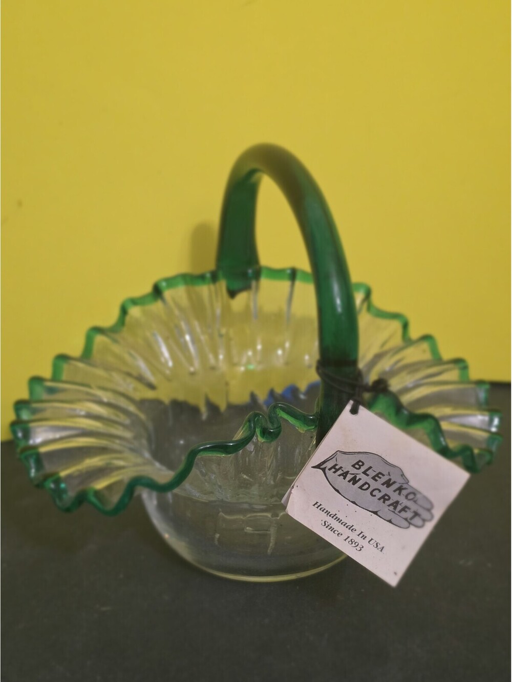 VTG Blinko Glass Handblown Basket Green Ice With Handle W Tag